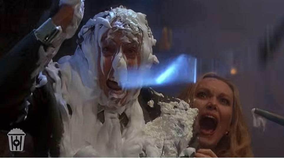 Dibs covered head to toe in shaving foam after the grooming machine finishes its routine